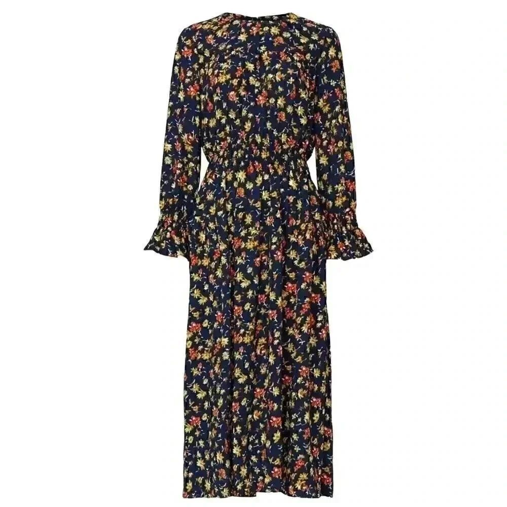 Victor Alfaro Women's Watercolor Floral Navy/Orange/Yellow Poly Dress